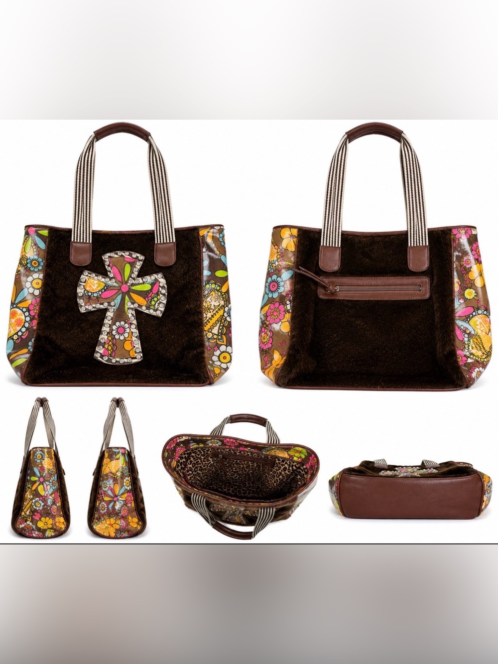 Western Rhinestone Cross Purse Large Brown Faux Fur Multicolor Floral Tote
